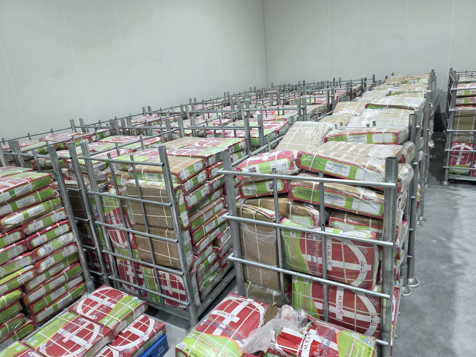 Wide view of frozen meat pallets stored across the LAHM PURE Dubai cold room