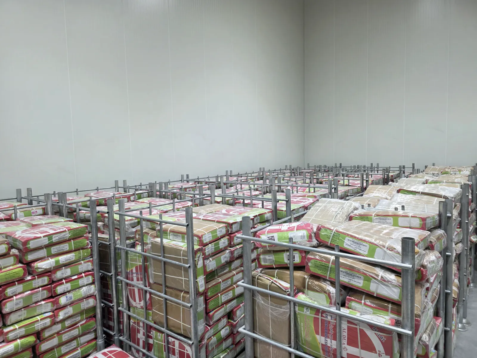 Frozen meat cartons staged in rows ready for dispatch at the Dubai warehouse